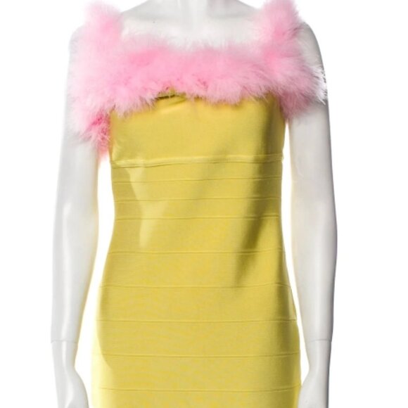 NWT Rachel Gilbert Strapless Yellow Pink Feather Bodycon Mini Dress XS $1495 - Picture 1 of 4